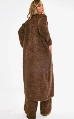 Chocolate Eyelash Bobble Knit Maxi Cardigan