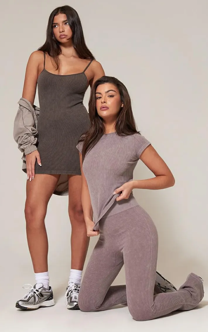 Chocolate Faded Snatched Rib Strappy Bodycon Dress