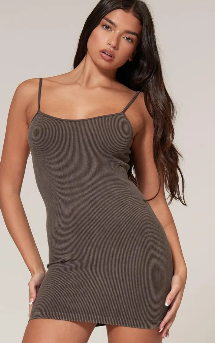 Chocolate Faded Snatched Rib Strappy Bodycon Dress