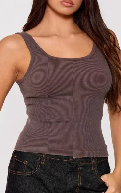 Chocolate Faded Snatched Rib Scoop Neck Vest Top