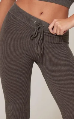 Chocolate Faded Snatched Rib Tie Waist Skinny Flared Pants