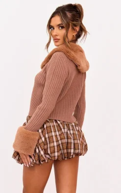 Chocolate Faux Fur Trim Detail Tie Front Top