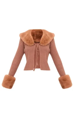 Chocolate Faux Fur Trim Detail Tie Front Top