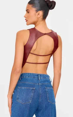 Chocolate Faux Leather Back Strap Crop Top