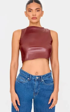 Chocolate Faux Leather Back Strap Crop Top