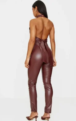 Chocolate Faux Leather Halterneck Back Tie Straight Leg Jumpsuit