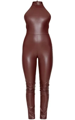 Chocolate Faux Leather Halterneck Back Tie Straight Leg Jumpsuit