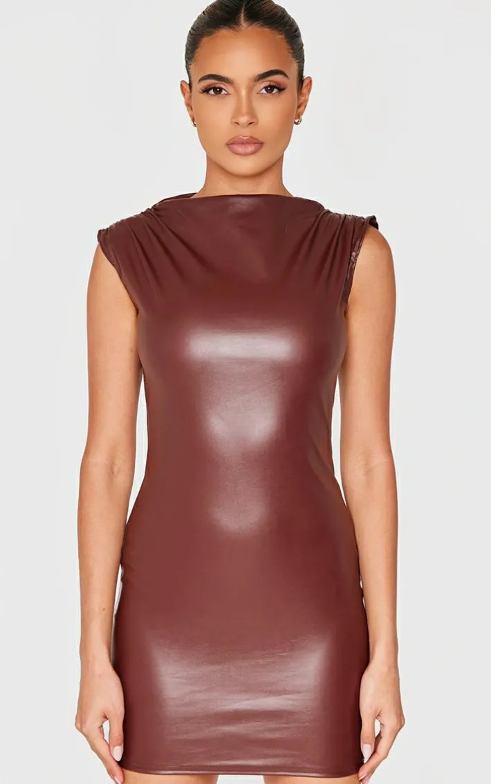 Chocolate Faux Leather High Neck Ruched Mini Dress