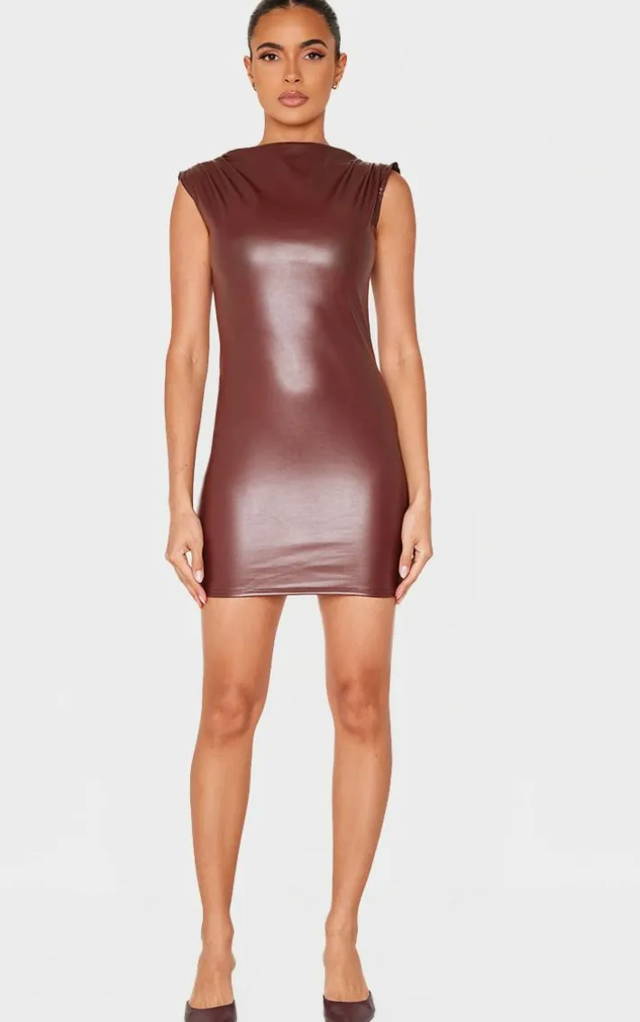 Chocolate Faux Leather High Neck Ruched Mini Dress
