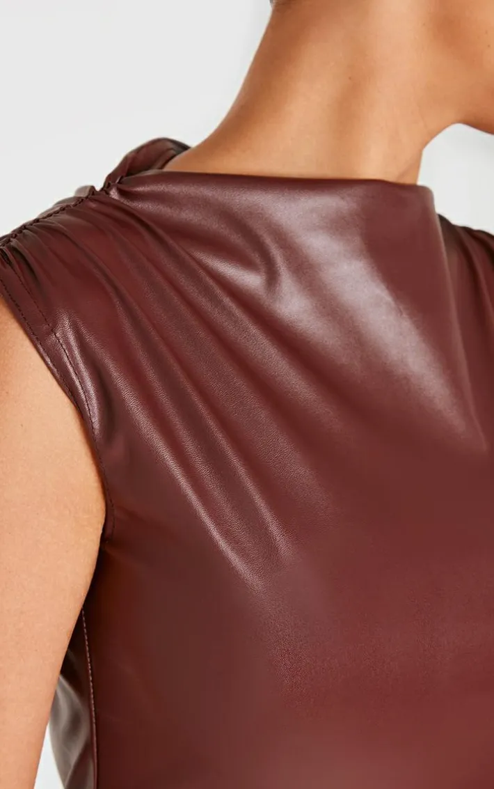 Chocolate Faux Leather High Neck Ruched Mini Dress