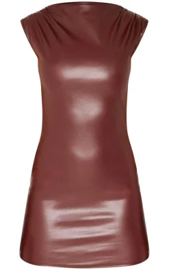 Chocolate Faux Leather High Neck Ruched Mini Dress