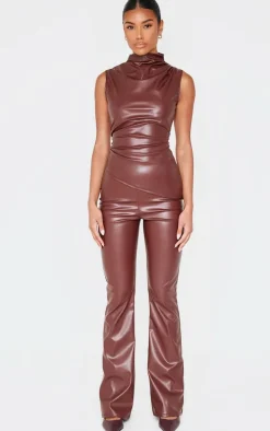 Chocolate Faux Leather High Waisted Flares