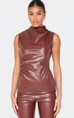 Chocolate Faux Leather High Neck Asymmetric Hem Side Ruched Top