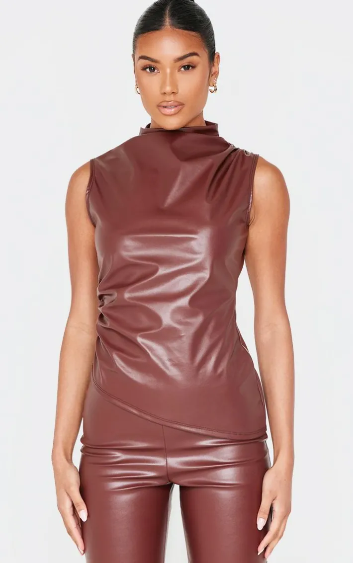 Chocolate Faux Leather High Neck Asymmetric Hem Side Ruched Top