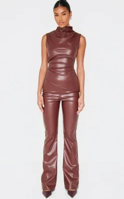 Chocolate Faux Leather High Neck Asymmetric Hem Side Ruched Top