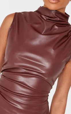 Chocolate Faux Leather High Neck Asymmetric Hem Side Ruched Top