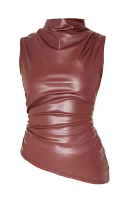 Chocolate Faux Leather High Neck Asymmetric Hem Side Ruched Top