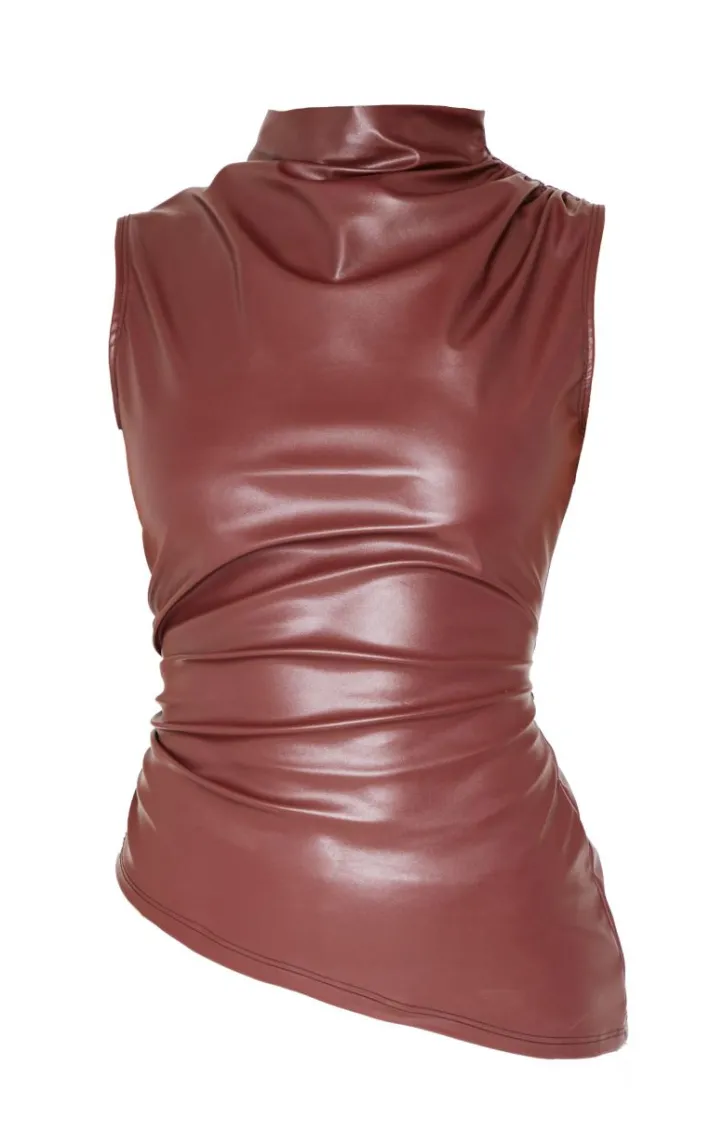 Chocolate Faux Leather High Neck Asymmetric Hem Side Ruched Top