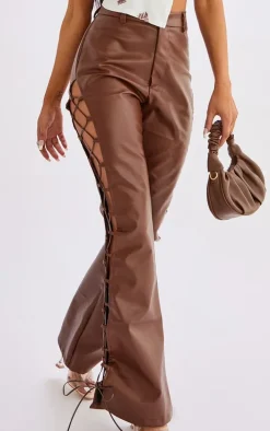 Chocolate Faux Leather Lace Up Side Flared Pants
