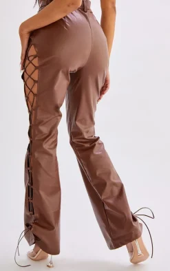 Chocolate Faux Leather Lace Up Side Flared Pants