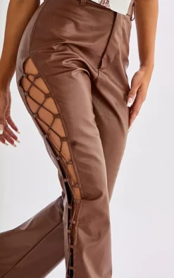 Chocolate Faux Leather Lace Up Side Flared Pants