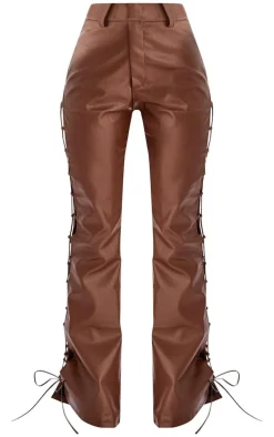 Chocolate Faux Leather Lace Up Side Flared Pants