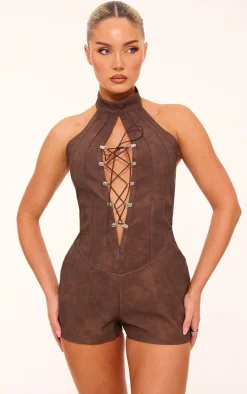 Chocolate Faux Leather Lace Up Halterneck Romper