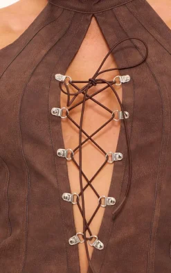 Chocolate Faux Leather Lace Up Halterneck Romper