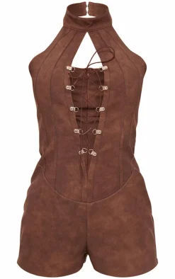 Chocolate Faux Leather Lace Up Halterneck Romper