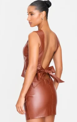 Chocolate Faux Leather Open Back Long Top