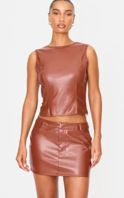 Chocolate Faux Leather Open Back Long Top