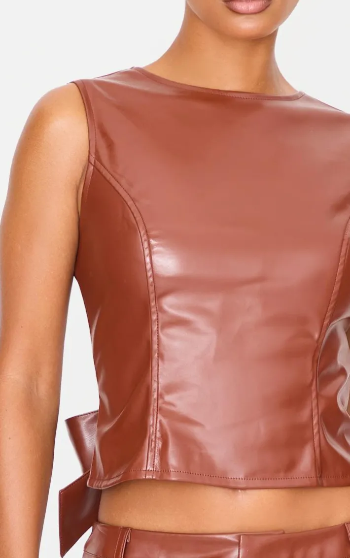Chocolate Faux Leather Open Back Long Top