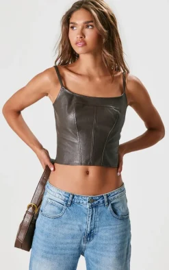 Chocolate Faux Leather Square Neck Long Corset