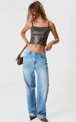 Chocolate Faux Leather Square Neck Long Corset