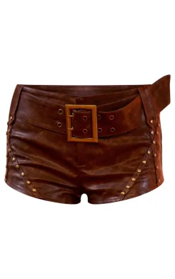 Chocolate Faux Leather Studded Belted Hot Pants