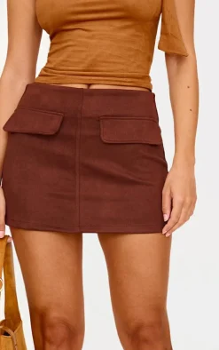 Chocolate Faux Suede Pocket Front Mini Skirt