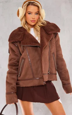 Chocolate Faux Suede PU Bonded Aviator Jacket
