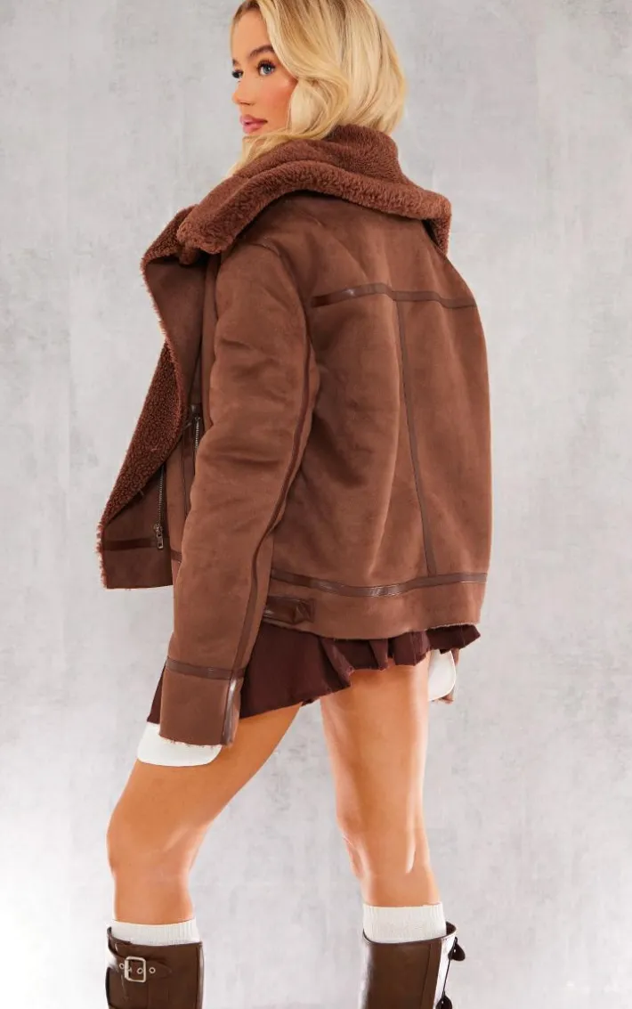 Chocolate Faux Suede PU Bonded Aviator Jacket