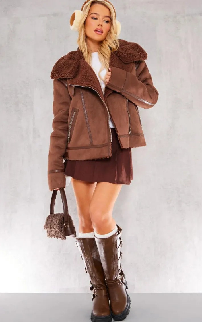 Chocolate Faux Suede PU Bonded Aviator Jacket