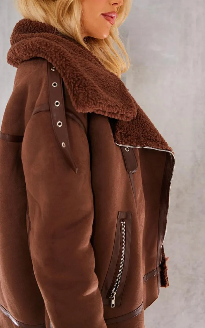 Chocolate Faux Suede PU Bonded Aviator Jacket
