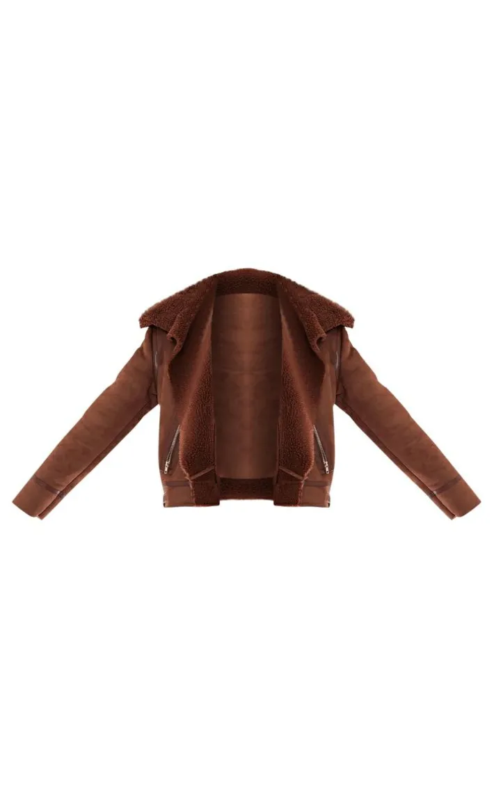 Chocolate Faux Suede PU Bonded Aviator Jacket