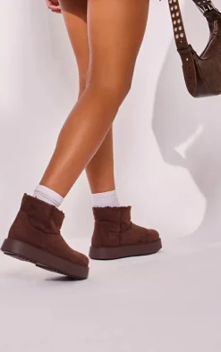 Chocolate Faux Suede Round Toe Thick Flat Sole Ankle Boots