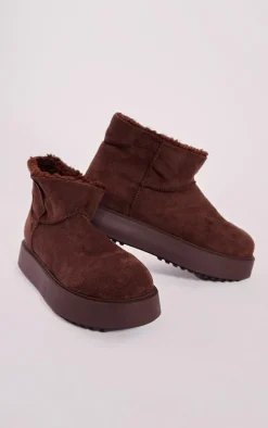 Chocolate Faux Suede Round Toe Thick Flat Sole Ankle Boots