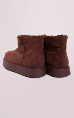 Chocolate Faux Suede Round Toe Thick Flat Sole Ankle Boots