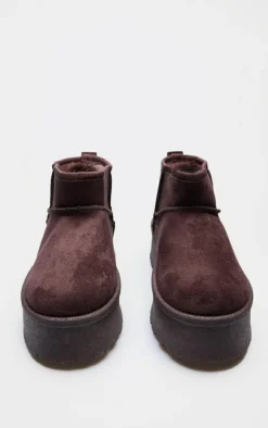Chocolate Faux Suede Round Toe Platform Ankle Boots