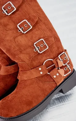 Chocolate Faux Suede Square Toe Brushed Buckle Knee Boots