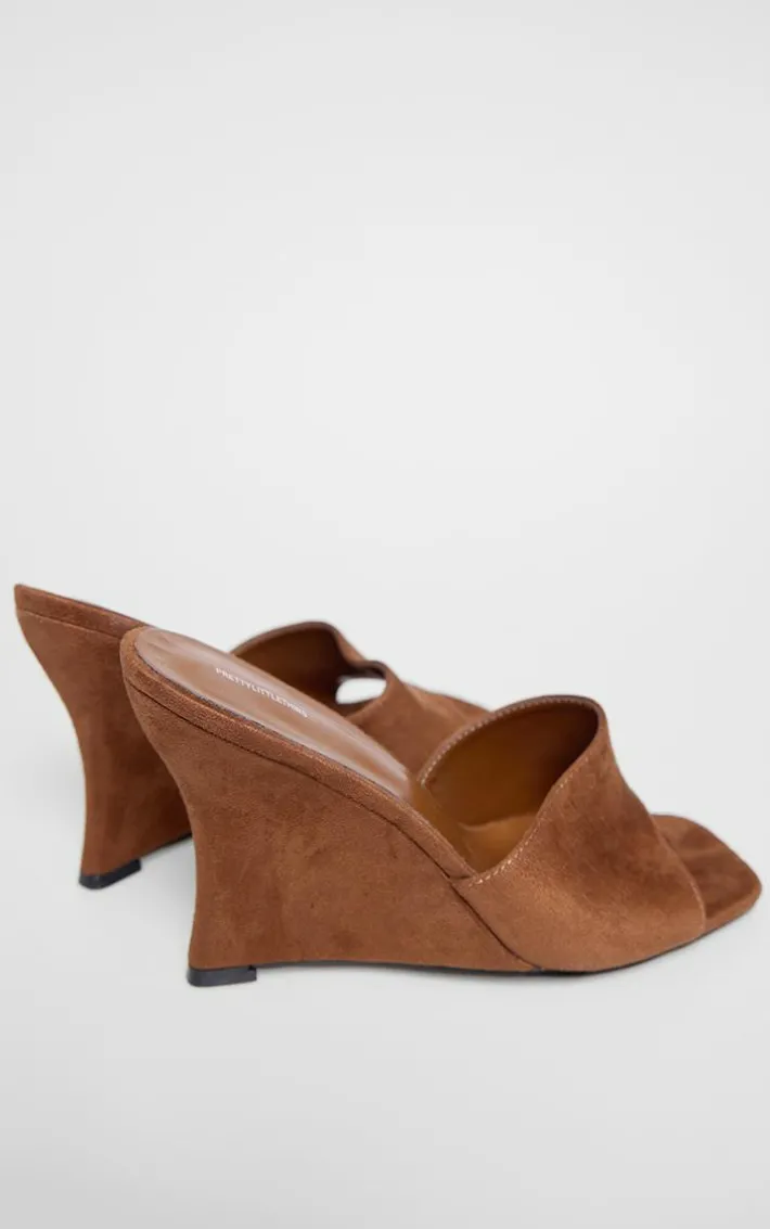 Chocolate Faux Suede Square Toe Wedge Heeled Sandals