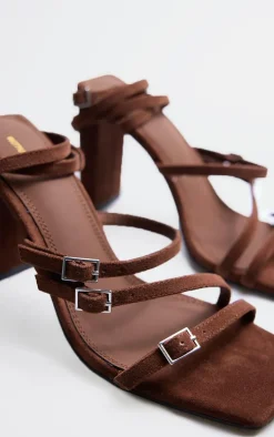 Chocolate Faux Suede Square Toe Buckle Strappy Block Heeled Sandals