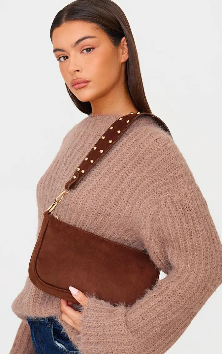Chocolate Faux Suede Studded Handle Shoulder Bag