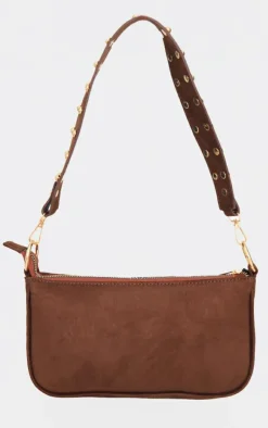 Chocolate Faux Suede Studded Handle Shoulder Bag